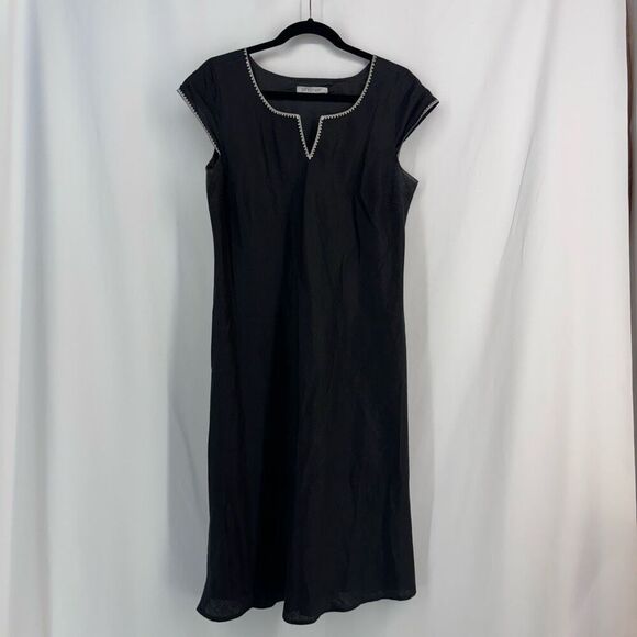 Vintage Paraphrase Black Short Cap Sleeve Linen Shift Sheath Dress Medium - Picture 1 of 8